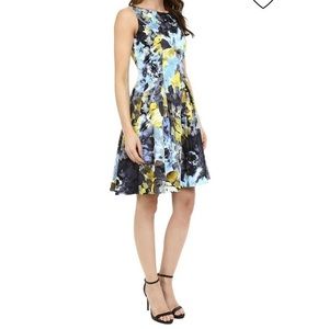 Maggy London Vibrant Floral Midi Dress - Blue, Yellow, Black